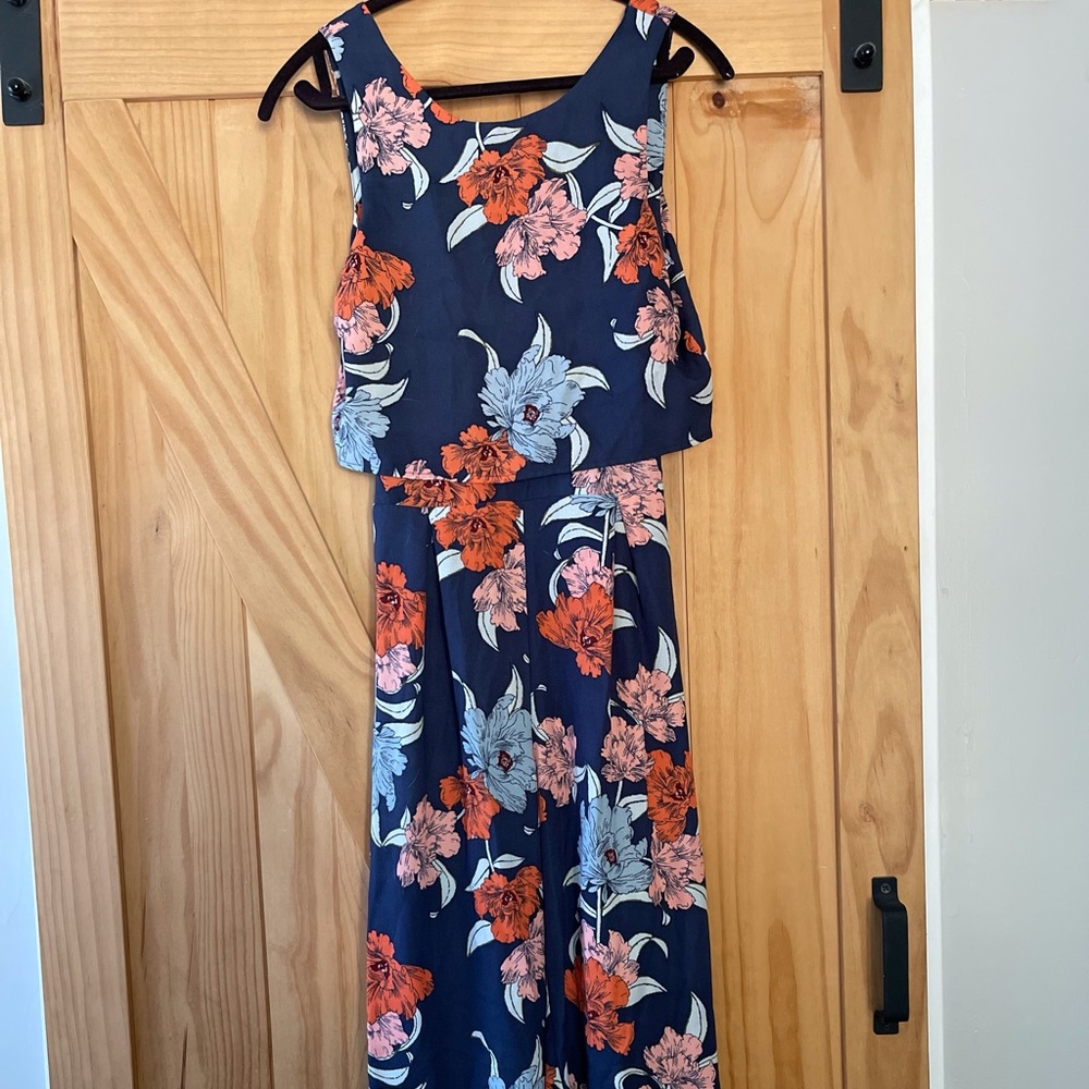 Navy Floral Jumpsuit With Button Back